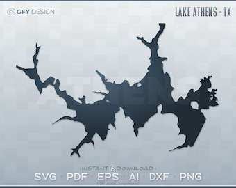 Lake Athens, Texas - SVG - Digital File Set | Vector Outline Map Shape Graphic; for Laser, Glowforge, Cricut, Cut File Projects TX Reservoir