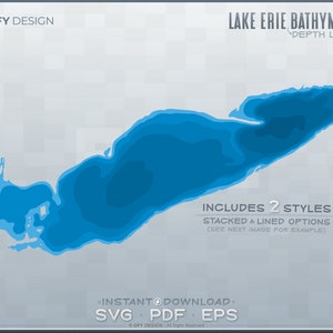 Lago Erie - Conjunto de archivos SVG de capas de profundidad batimétrica - Grandes Lagos / Forma de contorno gráfico vectorial en capas, Archivo de corte listo para láser, Glowforge