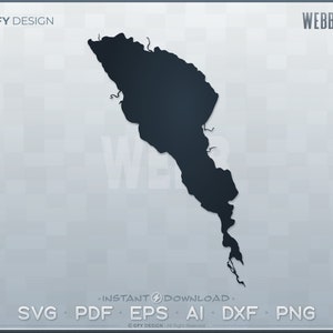May include: Black and white silhouette of Webb Lake, a large lake with a long, narrow shape. The lake is surrounded by land, and the silhouette is set against a light gray background.