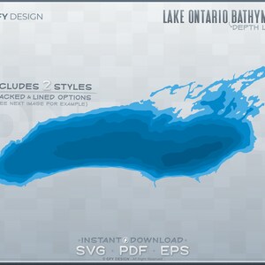 Lago Ontario - Conjunto de archivos SVG de capas de profundidad batimétrica - Grandes Lagos / Forma de contorno gráfico vectorial en capas, Archivo de corte listo para láser, Glowforge
