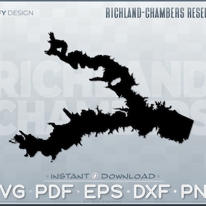 May include: Black and white silhouette of Richland-Chambers Reservoir, a large lake in Texas. The image includes the text "RICHLAND-CHAMBERS RESERVOIR" and "INSTANT DOWNLOAD".