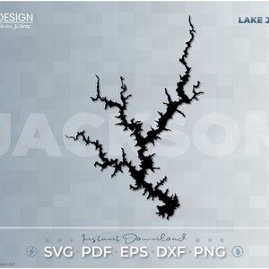 May include: Black and white silhouette of Lake Jackson, a large lake with many inlets and coves. The text "LAKE JACKSON" is at the top of the image. The text "Instant Download" and "SVG PDF EPS DXF PNG" are at the bottom of the image.