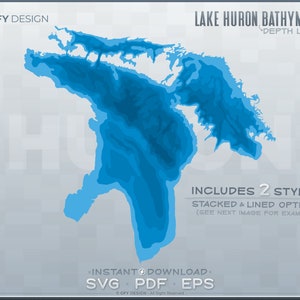 Lago Hurón - Conjunto de archivos SVG de capas de profundidad batimétrica - Grandes Lagos / Forma de contorno gráfico vectorial en capas, Archivo de corte listo para láser, Glowforge