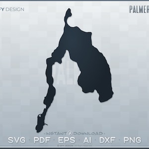 Puede incluir: Una silueta negra del lago Palmer, un lago grande con una forma irregular. El lago está delineado en negro sobre un fondo gris claro. El texto "GFY DESIGN" y "INSTANT DOWNLOAD" están en la parte superior e inferior de la imagen, respectivamente. El texto "SVG PDF EPS AI DXF PNG" está centrado en la parte inferior de la imagen.