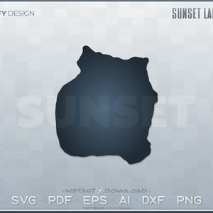 May include: A black and white silhouette of Sunset Lake, Florida. The lake is shaped like a large, irregular blob. The text "SUNSET LAKE-FL" is in the upper right corner of the image. The text "INSTANT DOWNLOAD" is in the lower center of the image. The text "SVG PDF EPS AI DXF PNG" is in the lower center of the image.