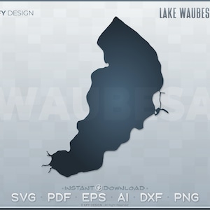 May include: A black and white outline of Lake Waubesa in Wisconsin. The lake is shaped like a large, irregular blob with a small peninsula extending out from the main body of water. The text "LAKE WAUBESA - WI" is printed in white at the top of the image. The text "INSTANT DOWNLOAD" is printed in white at the bottom of the image. The text "SVG PDF EPS AI DXF PNG" is printed in white below the "INSTANT DOWNLOAD" text.