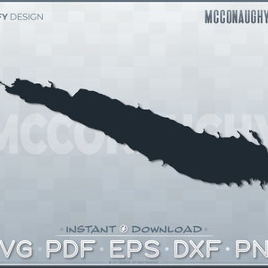 May include: A black and white silhouette of McConaughy Lake, a lake in the United States. The image is on a gray background with the text "GFY DESIGN" and "MCCONAUGHY LAKE" at the top. The text "INSTANT DOWNLOAD" and "SVG PDF EPS DXF PNG" are at the bottom of the image.