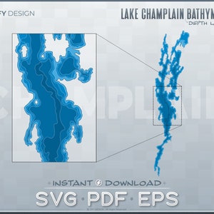 Lake Champlain mit Bathymetrischen Tiefenschichten SVG Vektorgrafik, Vermont, Quebec, DYI, Laserdruck, Schneiden, Gravieren, Glowforge, Cricut