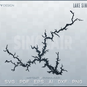May include: Black and white silhouette of Lake Sinclair, a large lake with many inlets and coves. The lake is outlined in black against a light gray background. The text "GFY DESIGN" and "LAKE SINCLAIR" are visible at the top of the image. The text "INSTANT DOWNLOAD" and "SVG PDF EPS AI DXF PNG" are visible at the bottom of the image.