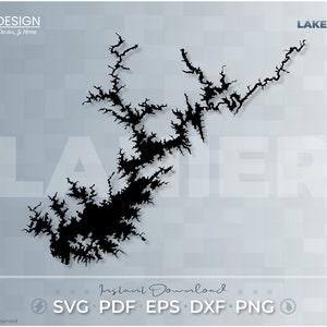 May include: Black and white outline of Lake Lanier, a large lake in Georgia, USA. The image includes the text "LAKE LANIER" and "Instant Download SVG PDF EPS DXF PNG".
