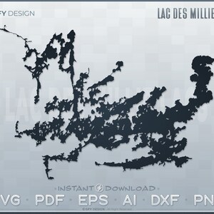 May include: Black and white silhouette of Lac Des Mille Lacs, a large lake with many islands. The image is labeled "Lac Des Mille Lacs" and "GFY DESIGN".