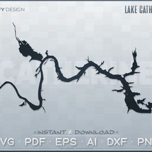 Puede incluir: Silueta en blanco y negro del lago Catherine, un lago con una costa sinuosa. La imagen está etiquetada como "Lake Catherine" y "GFY DESIGN".