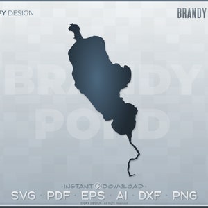 Könnte beinhalten: Ein digitaler Download einer schwarzen und weißen Umrisszeichnung von Brandy Pond, einem See in Maine. Die Umrisszeichnung befindet sich auf einem hellgrauen Hintergrund mit dem Text "GFY DESIGN" und "BRANDY POND" in den oberen Ecken. Der Text "INSTANT DOWNLOAD" befindet sich unten in der Mitte des Bildes. Der Text "SVG PDF EPS AI DXF PNG" befindet sich unter dem Text "INSTANT DOWNLOAD".