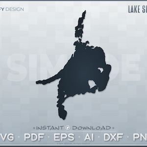 May include: Black and white silhouette of Lake Simcoe, a large lake in Ontario, Canada. The image is on a light gray background with the text "GFY DESIGN" and "LAKE SIMCOE" in the top corners. The text "*INSTANT DOWNLOAD*" and "SVG PDF EPS AI DXF PNG" are at the bottom of the image.