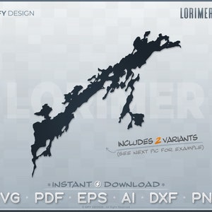 Könnte beinhalten: Eine schwarz-weiße Umrandung des Lorimer-Sees, eines Gewässers, mit dem Text "Lorimer Lake" und "Includes 2 variants (See next pic for example)" im Bild. Der Text "*Instant Download*" und "SVG PDF EPS AI DXF PNG" ist ebenfalls im Bild enthalten.