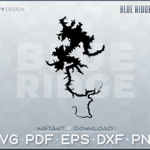 May include: Black and white silhouette of Blue Ridge Lake, a large lake with many inlets and coves. The image is a digital download of a vector graphic in SVG, PDF, EPS, DXF, and PNG formats.