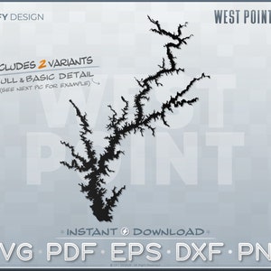 Puede incluir: Esquema en blanco y negro del lago West Point, un lago grande con muchas ensenadas y calas. La imagen incluye el texto "West Point Lake" y "Incluye 2 variantes: Detalle completo y básico (Ver la siguiente imagen para un ejemplo)".