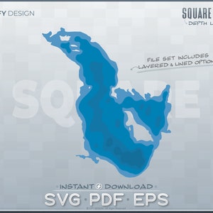 Square Lake - Conjunto de archivos SVG de capas de profundidad batimétrica - Maine ME; Forma de contorno gráfico vectorial en capas, archivo de corte listo para láser, Glowforge
