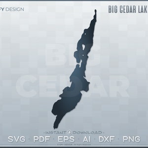 May include: Black and white silhouette of Big Cedar Lake in Wisconsin. The lake is long and narrow with many inlets and coves. The text "BIG CEDAR LAKE - WI" is at the top of the image. The text "INSTANT DOWNLOAD" is below the lake. The text "SVG PDF EPS AI DXF PNG" is at the bottom of the image.