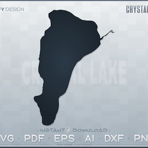 Könnte beinhalten: Eine schwarz-weiße Silhouette des Crystal Lake, einem Gewässer. Das Bild enthält den Text "GFY DESIGN" und "INSTANT DOWNLOAD." Der Text "SVG PDF EPS AI DXF PNG" ist ebenfalls enthalten.