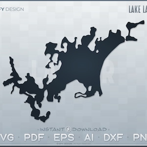 Może przedstawiać: Czarno-biała sylwetka jeziora Lancer. Jezioro ma kształt dużej, nieregularnej plamy z długim, cienkim ramieniem rozciągającym się w prawo. Obraz jest umieszczony na jasnoszarym tle z tekstem "GFY DESIGN" i "LAKE LANCER" u góry.