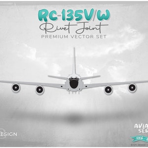 May include: A white RC-135V/W Rivet Joint aircraft with four engines against a cloudy sky. The text "GFY DESIGN" is in the bottom left corner and "AVIATION SERIES SVG EPS PDF" is in the bottom right corner.
