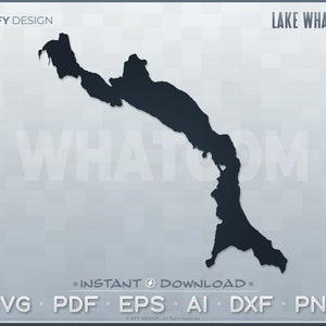 Könnte beinhalten: Eine schwarz-weiße Silhouette des Lake Whatcom, eines Sees im Bundesstaat Washington. Das Bild enthält den Text "GFY DESIGN" und "LAKE WHATCOM".