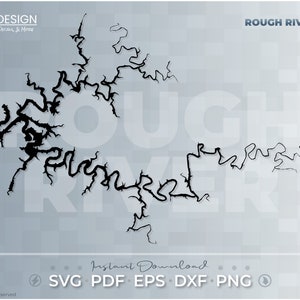 May include: Black and white silhouette of Rough River Lake, Kentucky. The lake is outlined in a jagged, irregular shape, resembling a winding river. The text "ROUGH RIVER LAKE" appears in the upper right corner of the image.