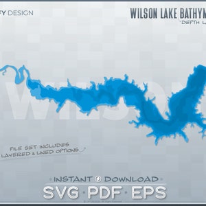 Könnte beinhalten: Eine digitale Illustration einer Seebathymetrie-Karte des Wilson-Sees. Die Karte zeigt die Tiefe des Sees in verschiedenen Blautönen. Der Text "Wilson Lake Bathymetry" und "Depth Layers" befindet sich oben im Bild. Der Text "File Set Includes Layered & Lined Options" befindet sich unten links im Bild. Der Text "Instant Download SVG PDF EPS" befindet sich unten in der Mitte des Bildes.