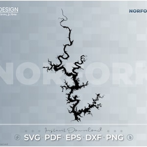May include: Black and white silhouette of Norfork Lake, Arkansas. The lake is shaped like a tree with many branches. The text "NORFORK LAKE" is at the top of the image. The text "Instant Download" is at the bottom of the image. The text "SVG PDF EPS DXF PNG" is at the bottom of the image.