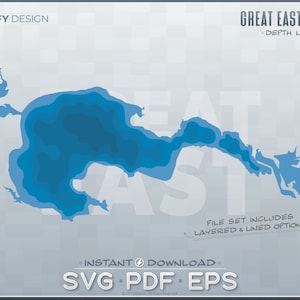 Great East Lake - Conjunto de archivos SVG de capas de profundidad batimétrica - Maine ME; Forma de contorno gráfico vectorial en capas, archivo de corte listo para láser, Glowforge
