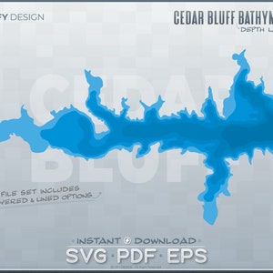 Könnte beinhalten: Eine blaue und weiße digitale Karte der Cedar Bluff Bathymetrie mit Tiefenlagen. Die Karte zeigt die Form des Sees und die Tiefe des Wassers. Der Text "GFY DESIGN" befindet sich in der oberen linken Ecke. Der Text "INSTANT DOWNLOAD SVG PDF EPS" befindet sich in der unteren Mitte des Bildes.
