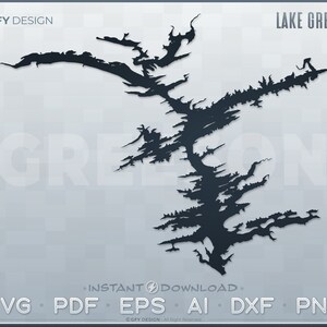 May include: Black and white silhouette of Lake Greeson, a large lake with many inlets and coves. The lake is outlined in black against a white background. The text "LAKE GREESON" is in black at the top of the image. The text "INSTANT DOWNLOAD" is in black at the bottom of the image. The text "SVG PDF EPS AI DXF PNG" is in black at the bottom of the image.