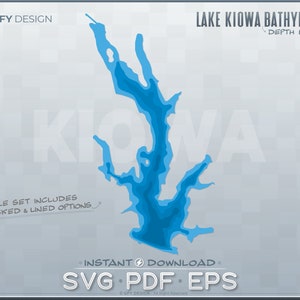 May include: A digital illustration of Lake Kiowa's bathymetry, showing the depth of the lake in blue shades. The image includes the text "Lake Kiowa Bathymetry" and "Depth Layers".