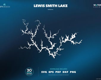 Mapa SVG del lago Lewis Smith en Alabama: Archivos vectoriales para letreros, calcomanías, corte e impresión.