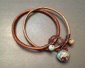 Copper double bangle bracelet-lamp work bead-wire wrapped bracelet-southwest bracelet-bohemian bracelet-bracelet set-beaded bracelet-artisan