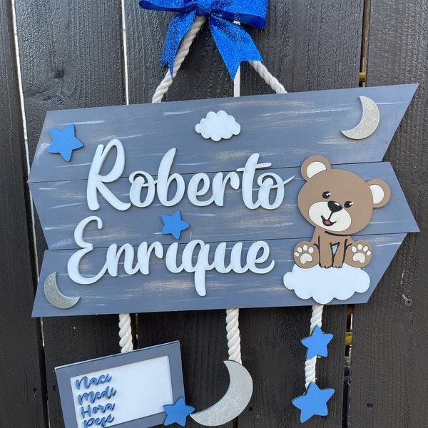 Hospital door hanger welcome baby sign newborn sign Baby Shower customized sign wood customized sign baby  boy sign baby teddy bear in cloud