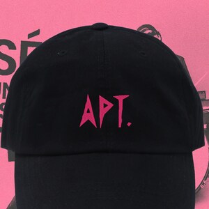 May include: Black baseball cap with a pink embroidered logo that says "APT."