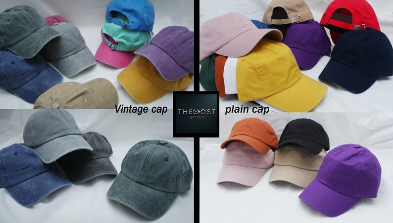 Op de afbeelding: Een verzameling vintage en effen baseballpetten in verschillende kleuren, waaronder blauw, groen, rood, paars, bruin en zwart. De petten zijn in twee rijen gerangschikt, met de vintage petten in de bovenste rij en de effen petten in de onderste rij. De tekst "Vintage cap" en "Plain cap" wordt onder de rijen petten weergegeven.