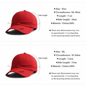 May include: Two red baseball caps, one size free and one XL. The free size has a circumference of 56-59cm, a length of 7cm, and a side length of 16cm. The XL size has a circumference of 61-64cm, a length of 7.5cm, and a side length of 17cm. Both are cotton.