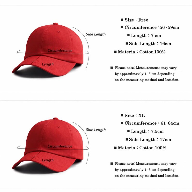 May include: Two red baseball caps, one size free and one XL. The free size has a circumference of 56-59cm, a length of 7cm, and a side length of 16cm. The XL size has a circumference of 61-64cm, a length of 7.5cm, and a side length of 17cm. Both are cotton.