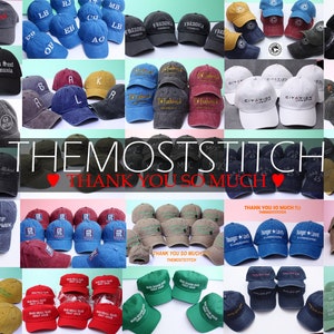 May include: A collection of various baseball caps in different colors, including blue, red, and green. Each cap features embroidered text or designs, with the brand name "THEMOSTSTITCH" and the phrase "THANK YOU SO MUCH" visible in the image.