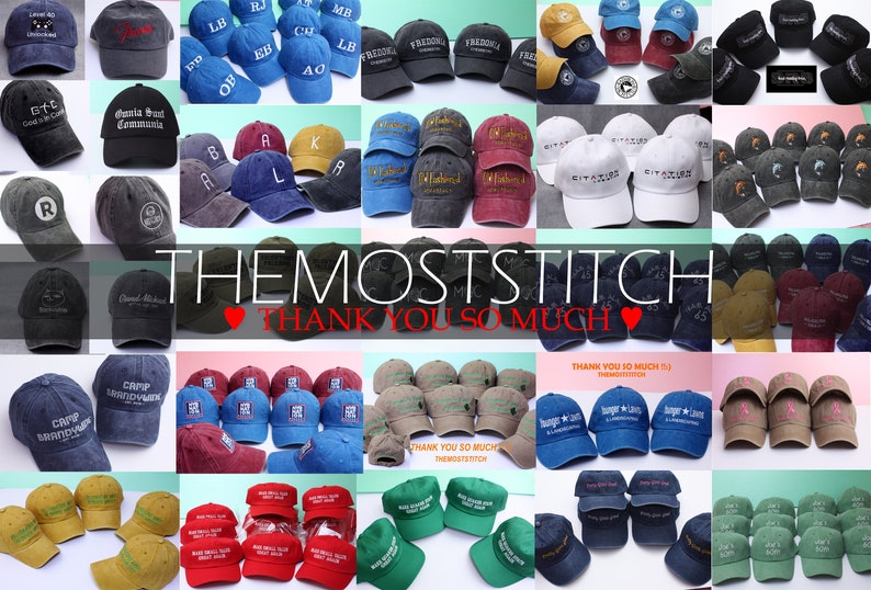 May include: A collection of various baseball caps in different colors, including blue, red, and green. Each cap features embroidered text or designs, with the brand name "THEMOSTSTITCH" and the phrase "THANK YOU SO MUCH" visible in the image.
