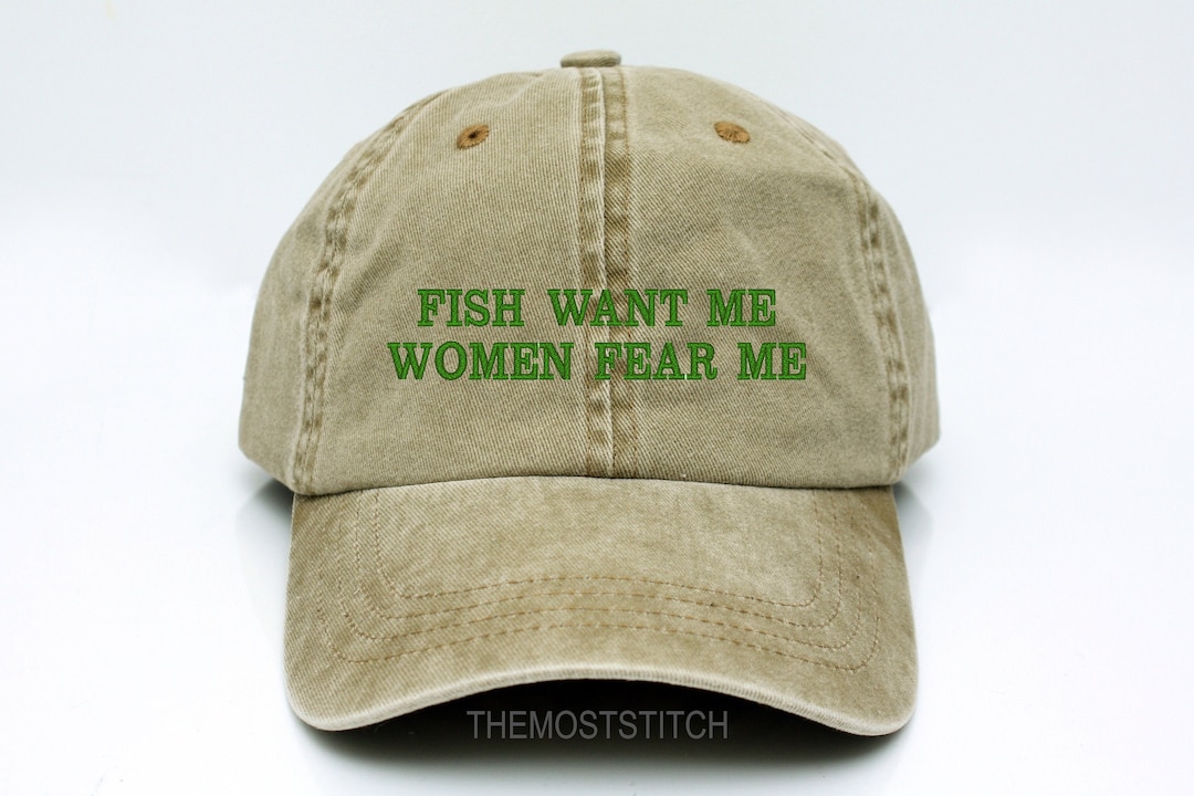 Fish Want Me Women Fear Me Embroidered Distressed Fishing Hat - Adjustable Cotton Twill Cap With Salmon Design