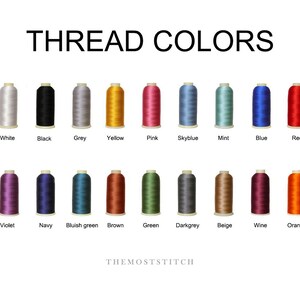 May include: A color chart displaying spools of thread in various colors, including white, black, grey, yellow, pink, sky blue, mint, blue, red, violet, navy, bluish green, brown, green, dark grey, beige, wine, and orange. The text "THREAD COLORS" is at the top.