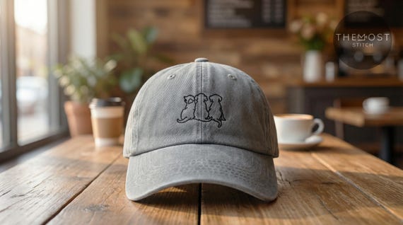 Three Dogs Embroidered Cap – Minimal Dog Line Art Hat, Custom Pet Hat, Dog Lover Gift, Aesthetic Dad Hat, Unisex Baseball Cap