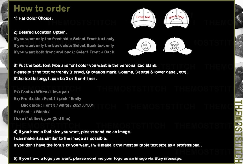 Puede incluir: Imagen con instrucciones sobre c&oacute;mo pedir un sombrero personalizado. El texto incluye opciones para el color del sombrero, la ubicaci&oacute;n del texto (delante, detr&aacute;s o ambos), el tipo de fuente y el color. Se proporcionan ejemplos de formato de texto.