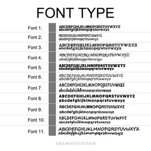 May include: A chart showing 11 different font styles with the alphabet in uppercase and lowercase. The chart is titled "Font Type".