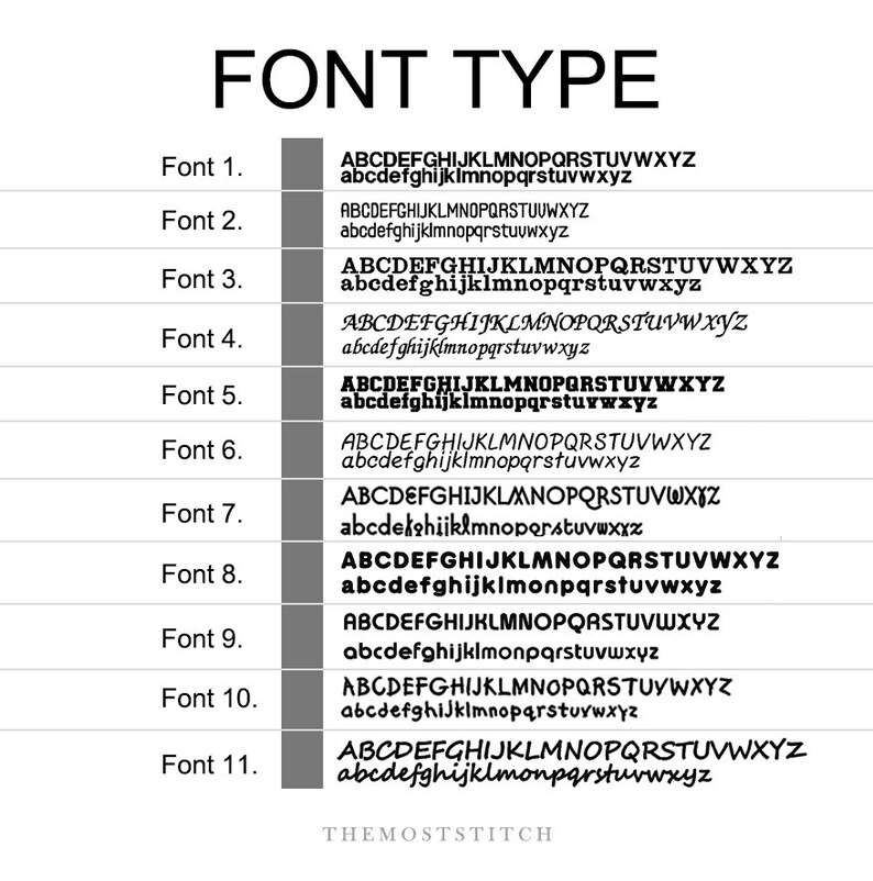 May include: A chart showing 11 different font styles with the alphabet in uppercase and lowercase. The chart is titled "Font Type".