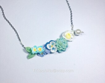 crochet necklace, flower necklace , breastpin, brooch, handmade pendant, wedding brooch, blue brooch, wreath brooch